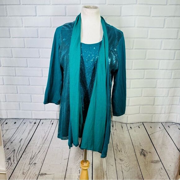 Alfani Teal Sequin Two Piece Sweater Set - Size 1X - Picture 1 of 14